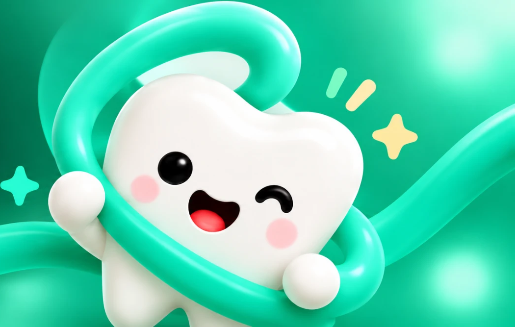 Flosso mascot, one eye open, one eye winking, wrapped in mint floss